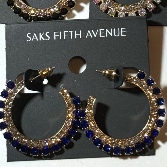 Saks Fifth Ave Gold Tone Blue Crystal Open Hoop post Earrings - Picture 2 of 4